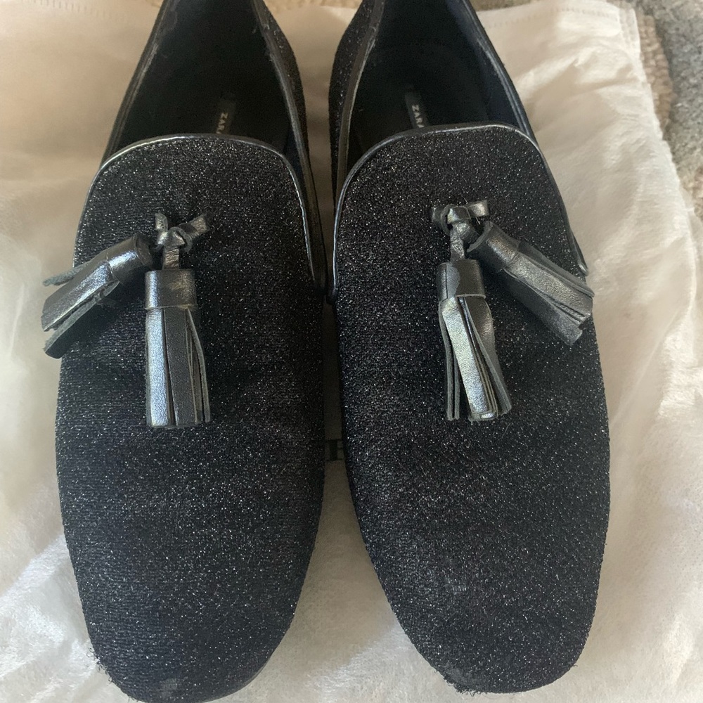 Zara Black Glitter Flats with tassels